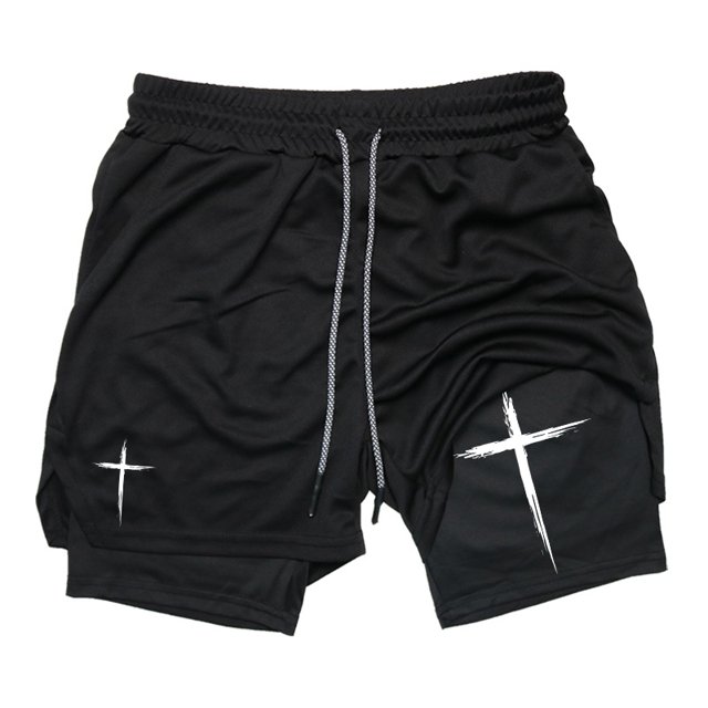 Cross Print 2 in 1 Performance Shorts for Men Gym Workout Running Shorts with Phone Pocket Towel Loop Sports Athletic Activewear black XL