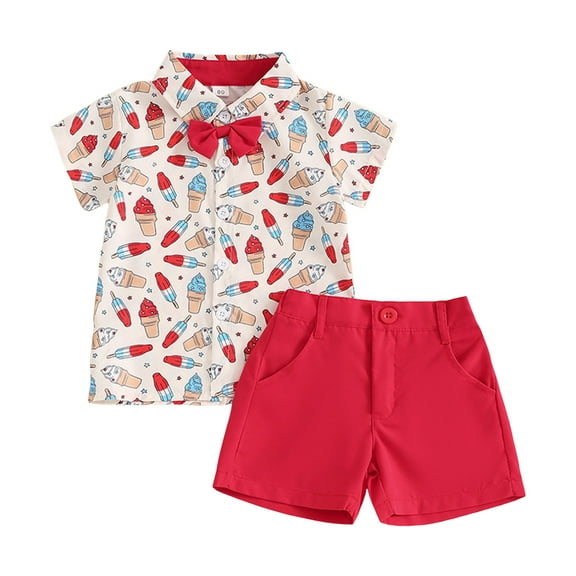 kpoplk Toddler Baby Boy 4th of July Clothes Print Short Sleeve Button Down Shirt Shorts Set Memorial Day Outfit Size 18-24 Months,Beige
