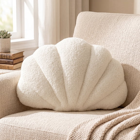 Seashell Throw Pillows, Shell Shaped Pillow White, Sea Shell Pillows for Bed, Seashell Decorative Pillow, Soft Plush Pillow Sea Couch Decoration (13 x 10 inch)