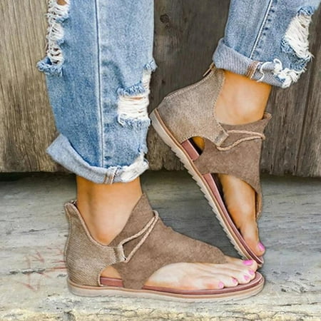 

Pntutb Shoes Deals Womens Shoes Fashion Solid Color Minimalistic Toe Clip Roman Flat Sandals Slippers Flip Flop Khaki 35