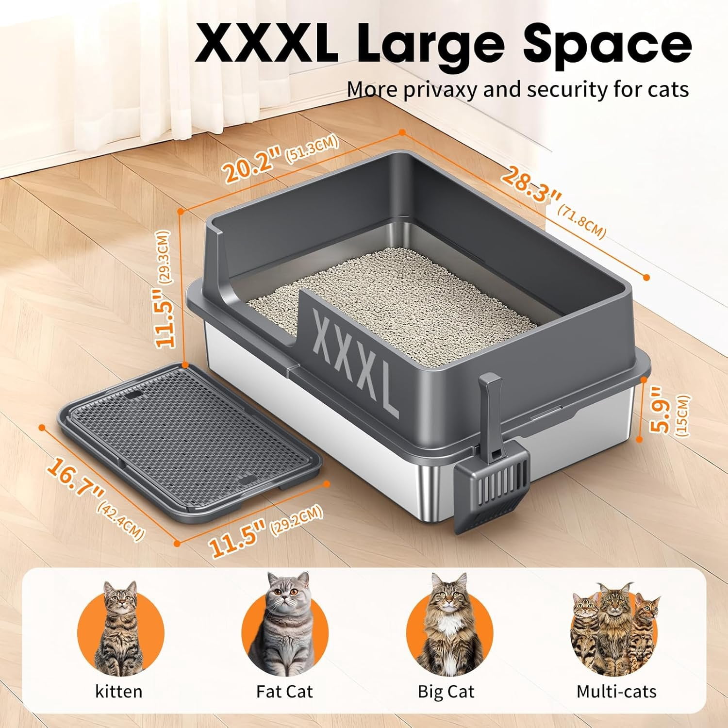2PACK XXXL Stainless Steel  Litter Box with High Sides Lid, Large Litter Box for Big&Multiple Cats, Metal Kitty Litter Boxes with Footboard & Scoop, Anti-Leakage, Non-Sticky, 28.3x20.2x11.5inch