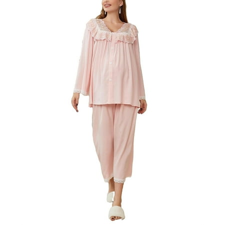 

Cute Plain V neck Top Pants Long Sleeve Baby Pink Maternity Sleepwear (Women s)