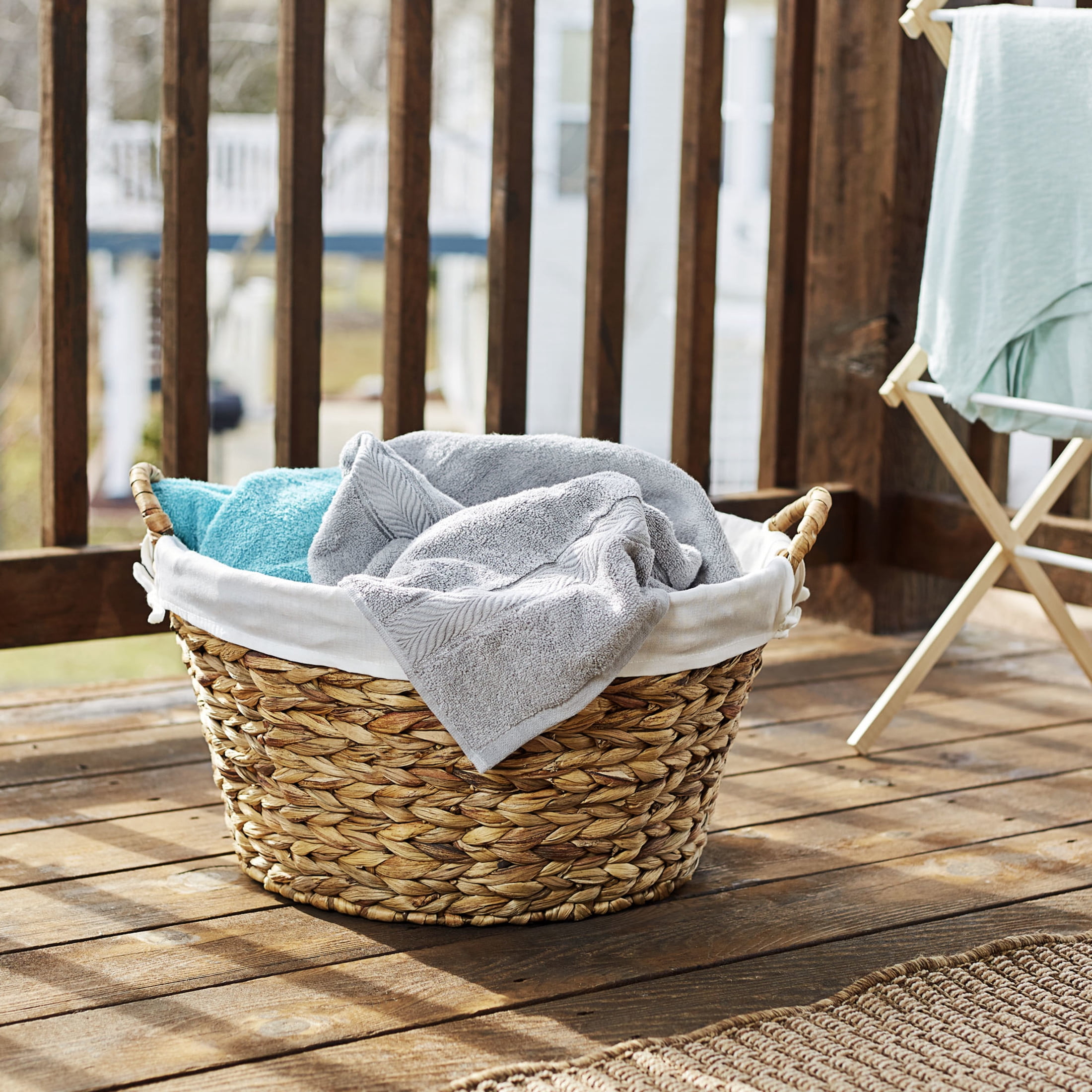 Household Essentials Round Wicker Laundry Basket with Handles, Whimsical Water Hyacinth Basket, Supportive Metal Frame, Removable Polyester Liner, Handwoven, Well-Structured and Versatile, Natural