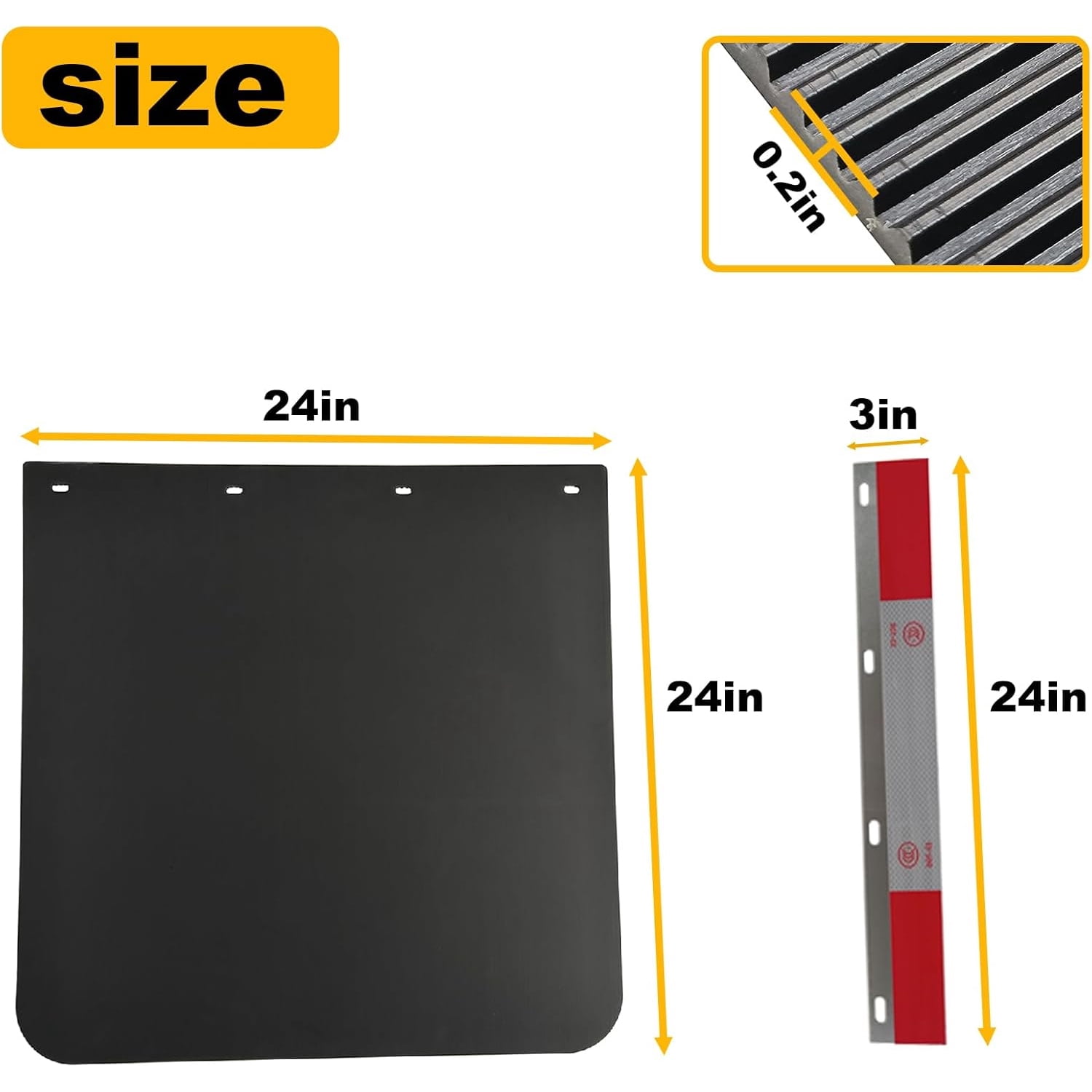 24"x24" Black Polymer Mud Flaps and 24"x3" Mud Flap Reflector Reflective Tape Fit for Semi Trucks Trailers, 2 Pack