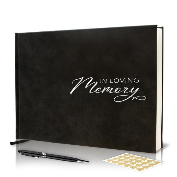 MUUJEE In Loving Memory Funeral Guestbook w/Pen & Box (Design 1) - Celebration of Life Wake Memorial Service Registry Book for Guest Signing, 120 lined Pages, Silver Embossed, Black Hardcover, 7"x9.5
