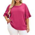 thumbnail image 3 of ClodeEU Women's Plus Size Crew Neck Ruff Short Sleeve T-Shirt,Casual Loose Fit Top Hot Pink,Women's Plus XXXXL, 3 of 9