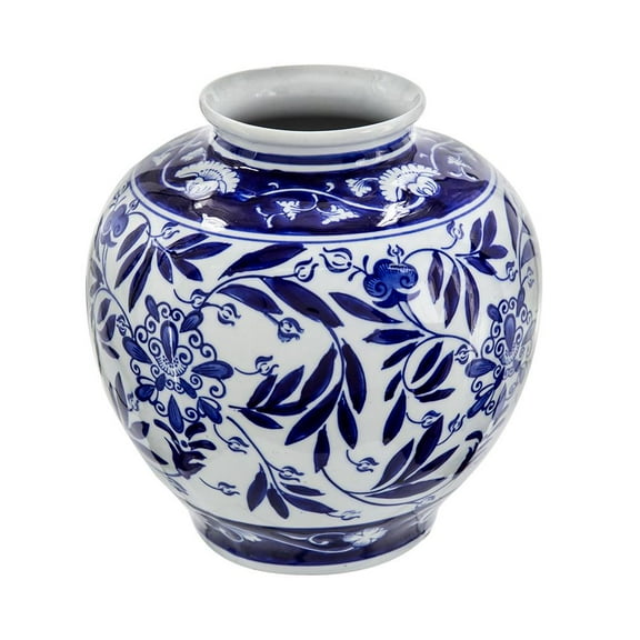 A&B Home Blue and White Round Porcelain Vase 8.5" x 8.5" x 9"