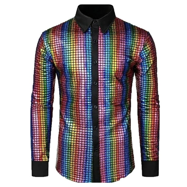 pstuiky camisas de manga larga para hombre, Camisa blusa informal de manga larga con cuello vuelto y botones de patchwork para hombre Tops casuales para hombres m