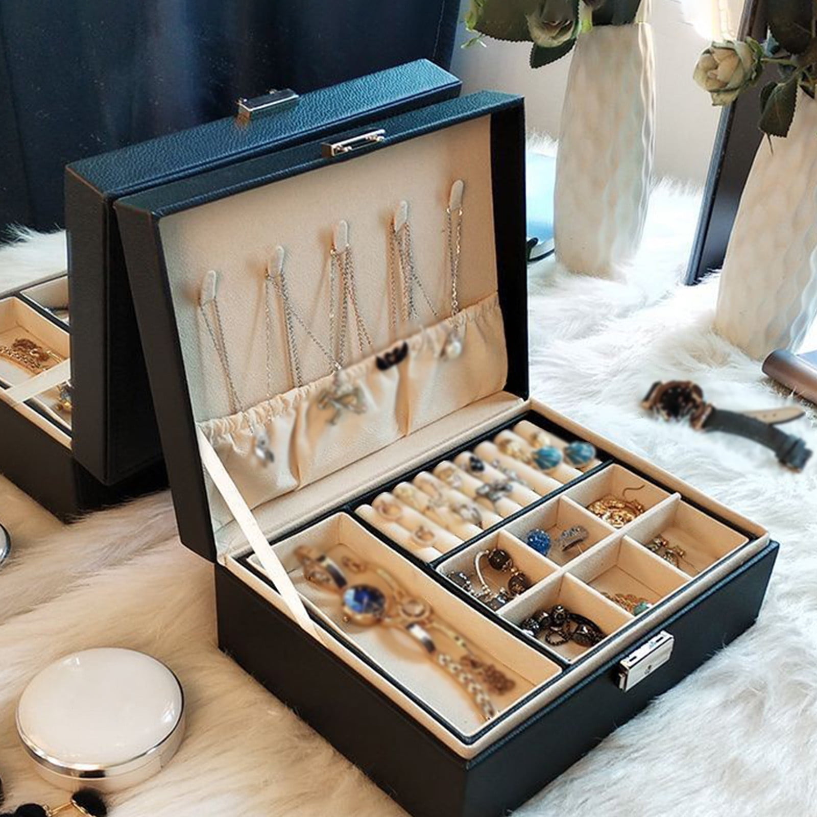 Jubipavy Leather Large Capacity Jewelry Box Earrings Necklace Jewelry Storage Box With Lock 2-Layers Display Jewelry Box