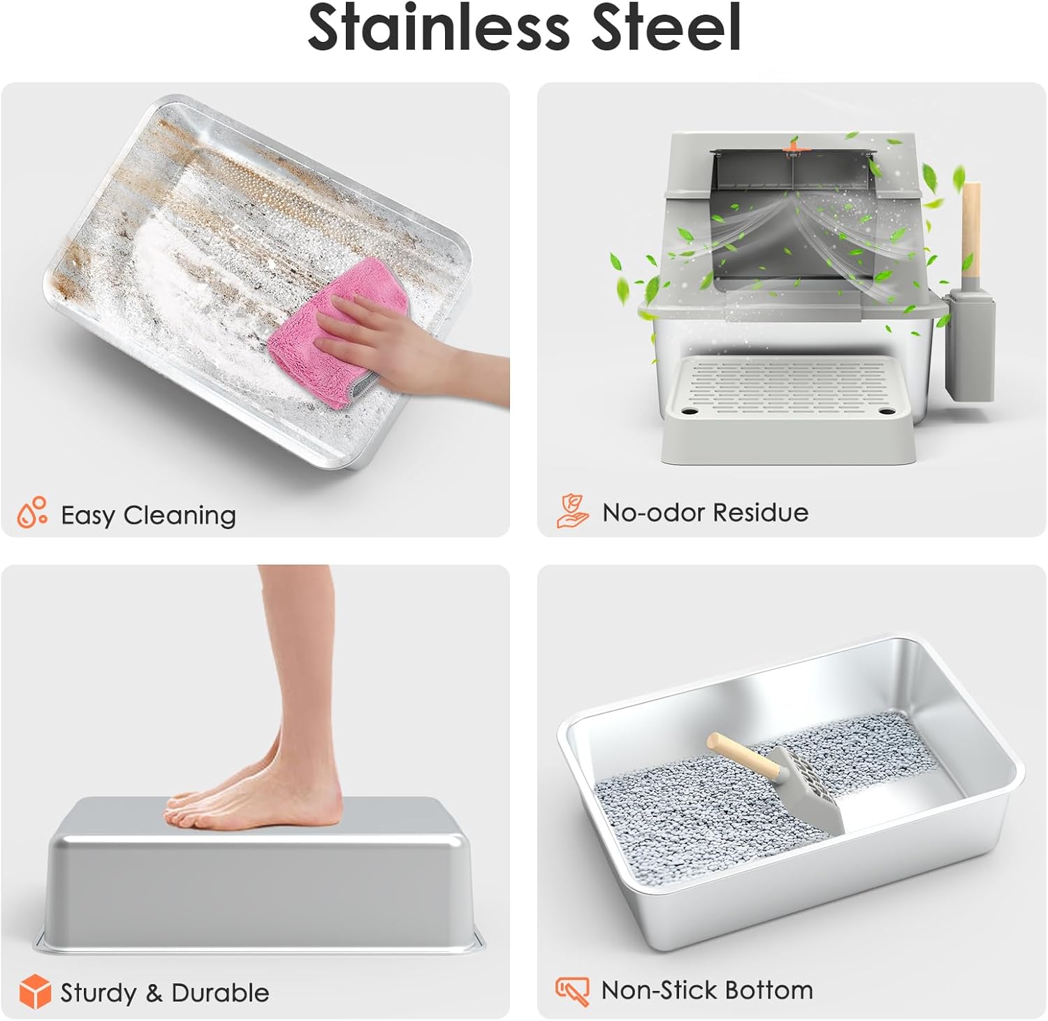 Stainless Steel Cat Litter Box,XL Enclosed Cat Litter Box with Poop Scooper/Footboard/Mat (Light Gray)