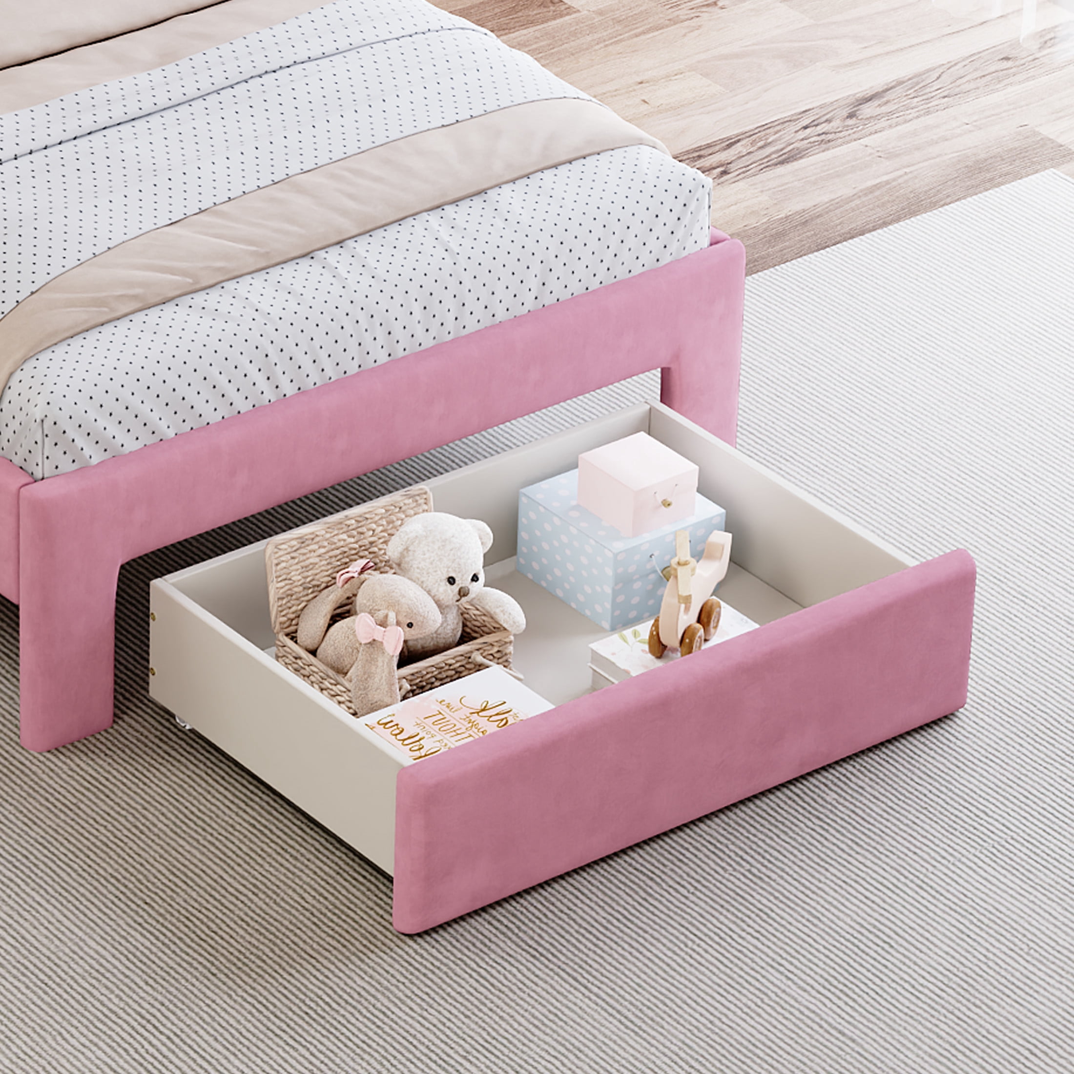 Noble House Twin Size Upholstered Rainbow Design Bed, Velvet Princess Platform Bed with Storage Drawer, Colorful & Pink