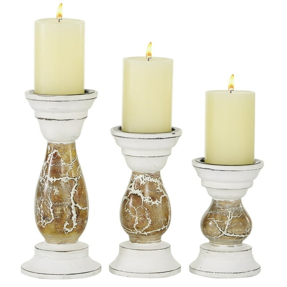 DecMode 3 Candle Beige Wood Candle Holder, Set of 3
