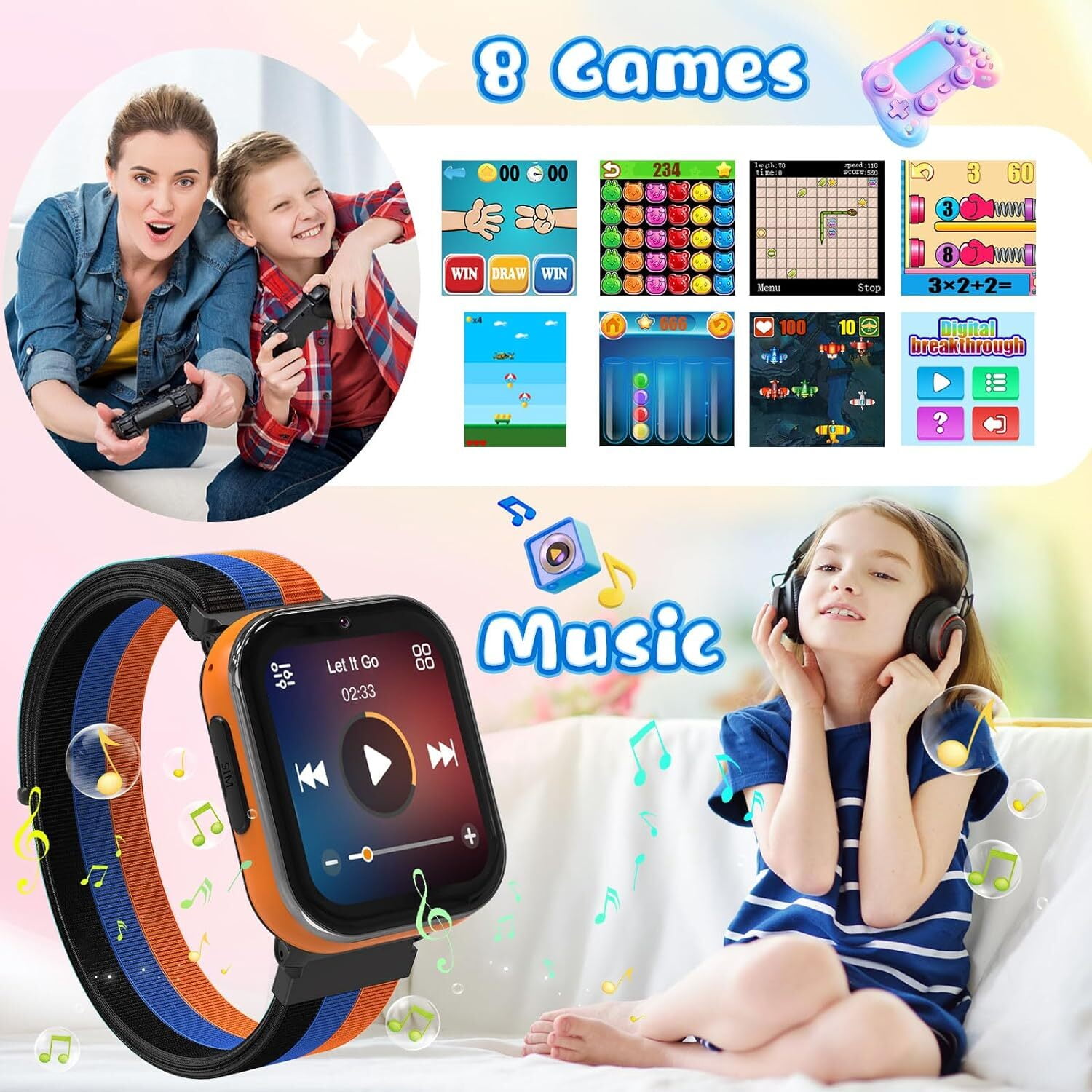 PTHTECHUS Smart Watch for Kids 4G Kids Smartwatch Phone Call Touch Screen Educational for Children Aged 4-10 Years Old