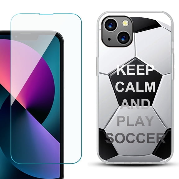 Slim-Fit Gel TPU Phone Case for iPhone 13 Mini, with Tempered Glass Screen Protector, by OneToughShield ® - Keep Calm Soccer