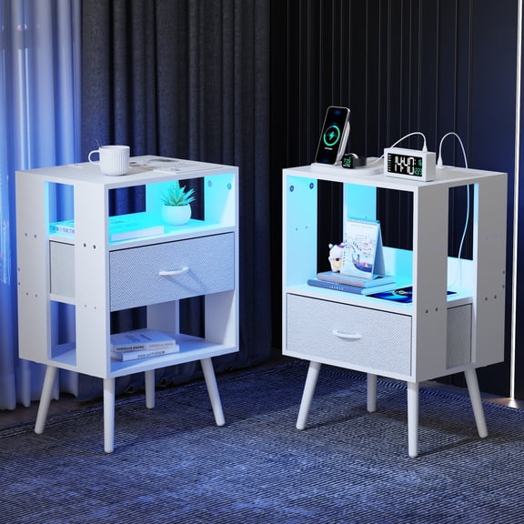 Holaki Set of 2 Nightstand with Charging Station, End Table Side Table with LED Light & Collapsible Fabric Drawer, Bedside Table for Bedroom, Living Room, White