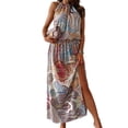 thumbnail image 1 of DYMADE Women Printed Halter Sleeveless Hem Slit Ankle-Length Dress, 1 of 5