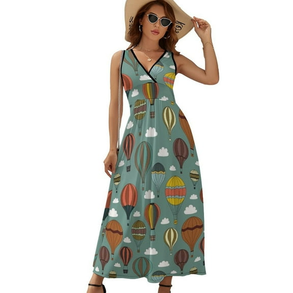 Hot Air Balloon Pattern Sky Dress Fashion Boho Beach Long Dresses Female Party Printed Maxi Dress