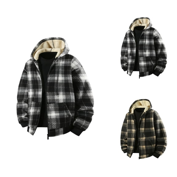 Plaid Hoodie for Men 2025 Fall Winter Long Sleeve Fleece Lined Warm Zip Up Hooded Sweatshirt with Pockets Jacket Coat