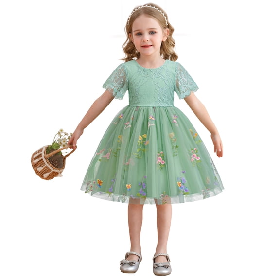 JIAYUE Kids Girls Spring Dresses Floral Short Sleeve Drop Shoulder Crew Neck A-Line Mid Length Elegant Lace Mesh For Child Breathable Playwear