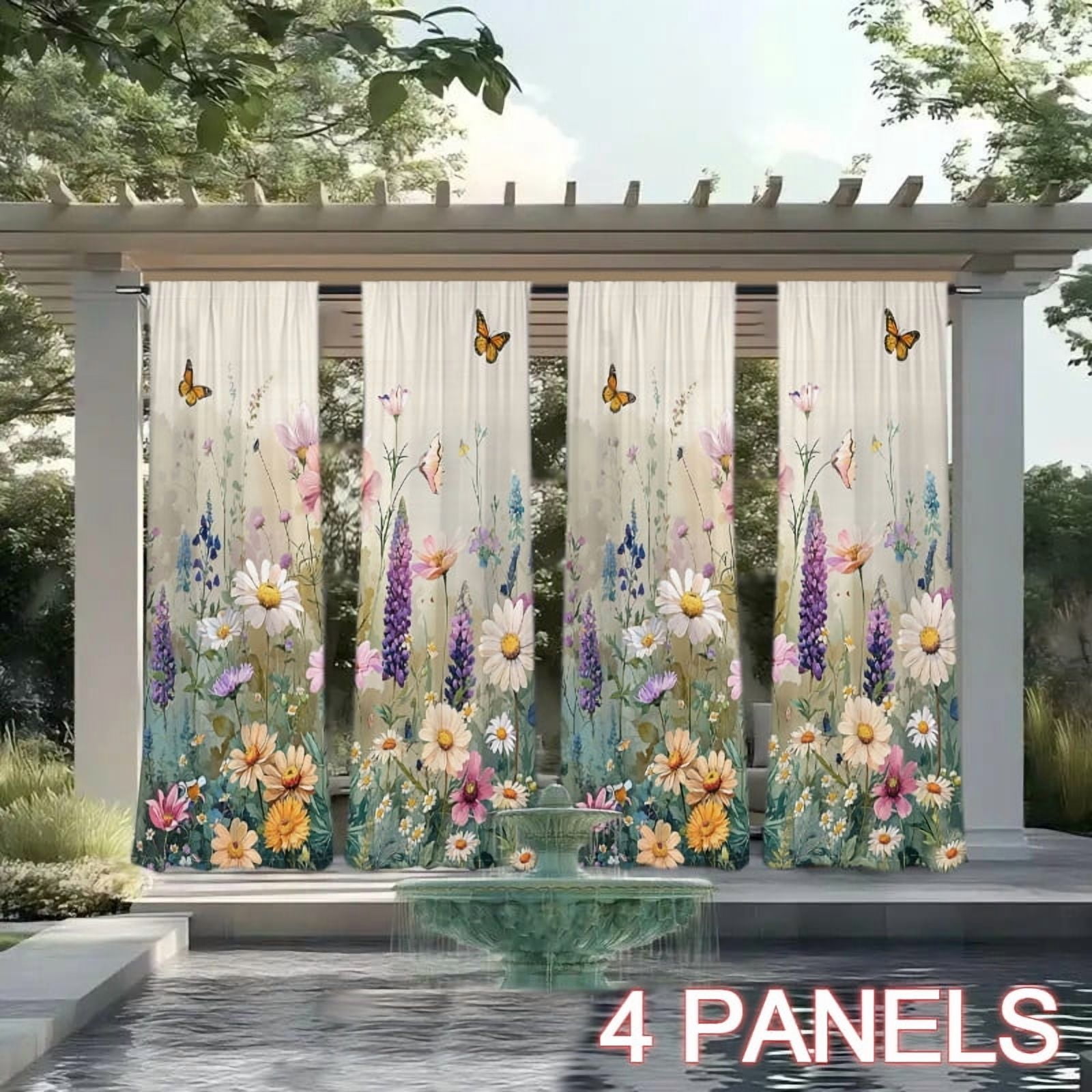 WNOOHIY 4 Panels Spring Colorful Garden Theme Butterfly Floral Pattern Light-filtering Curtains for Living Room, Bedroom, Outdoor Decoration