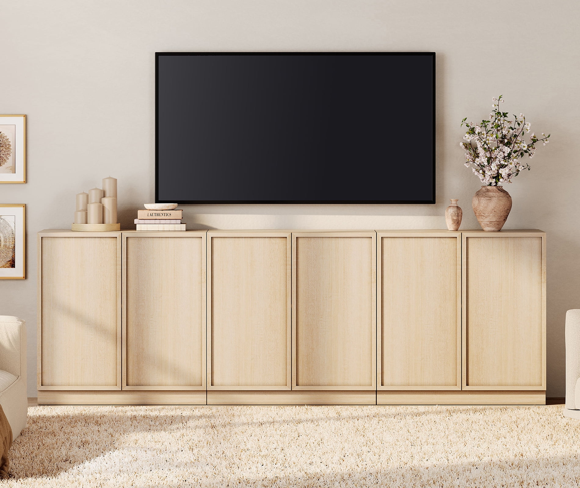 WAMPAT Modern TV Stand for TVs Up to 100", 3-in-1 Entertainment Center TV Console with 6 Doors and Adjustable Shelf, Wooden Media Console Cabinet for Living Room, Bedroom, Beige