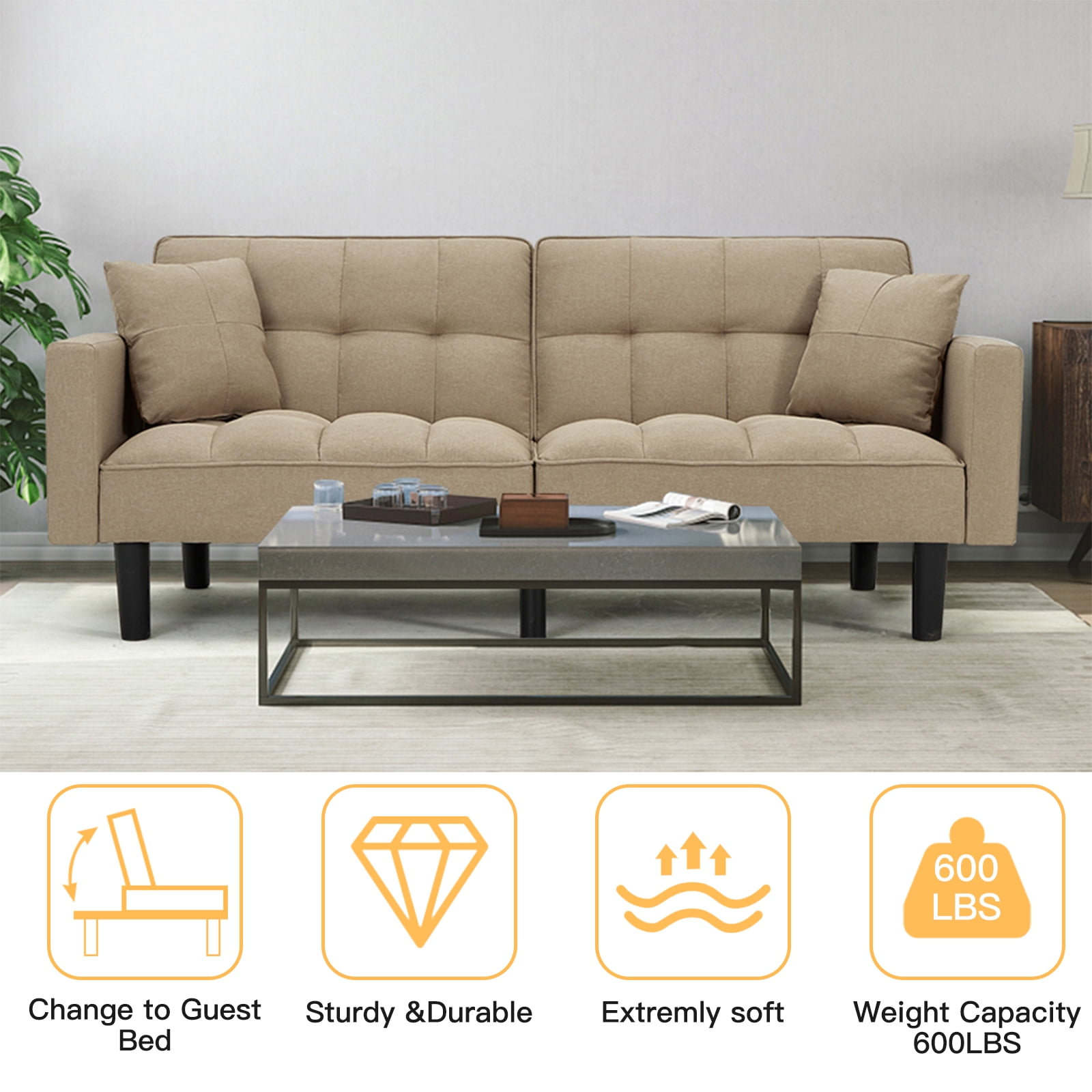 AVAWING Convertible Sofa Bed Upholstered Modern Folding Futon Sofa Bed Linen Fabric Tufted Couches with 2 Pillows, Adjustable Back and High Strength Nylon Legs for Living Room, Khaki