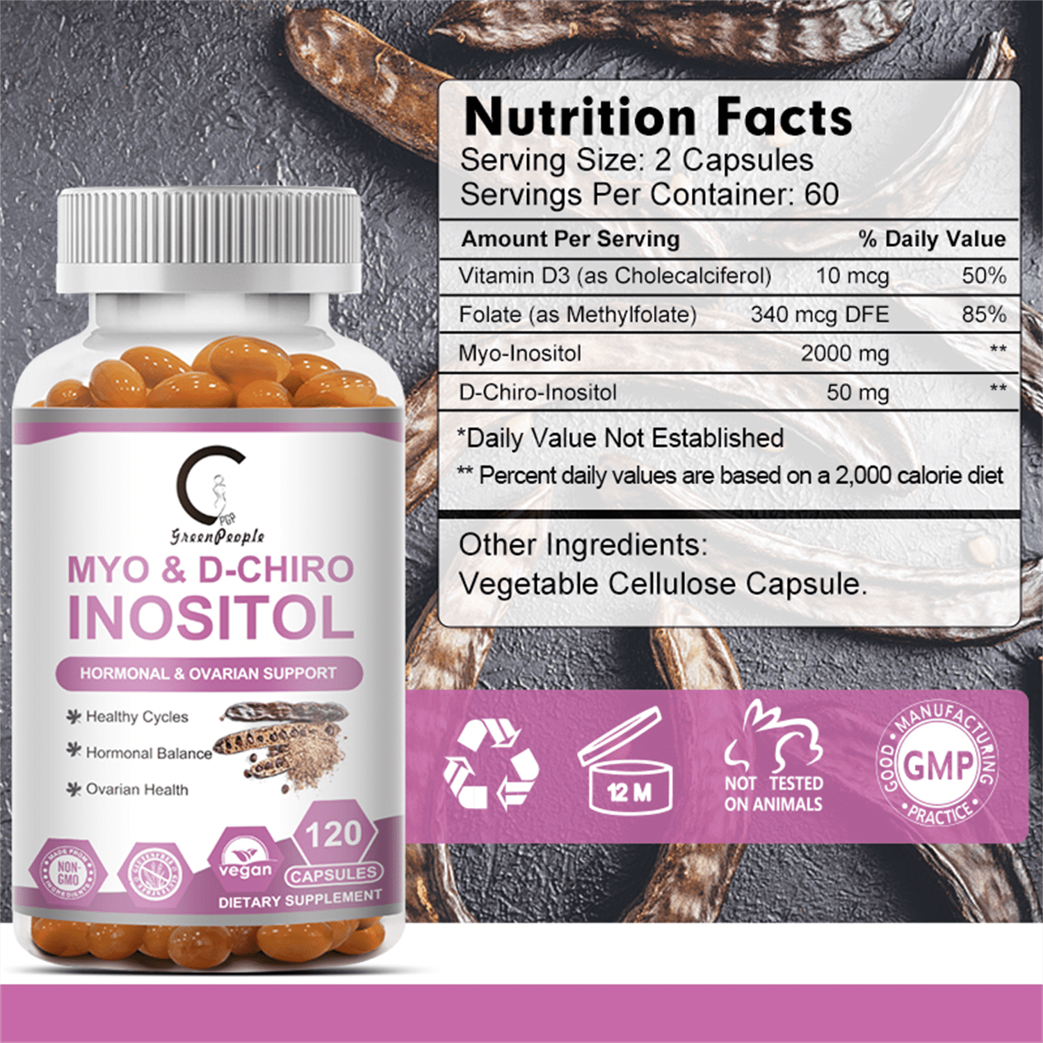 GPGP GreenPeople Myo-Inositol & D-Chiro Inositol Blend Capsule | Liver Support & Fat Metabolism Dietary Supplement for Men & Women | 120 Capsules