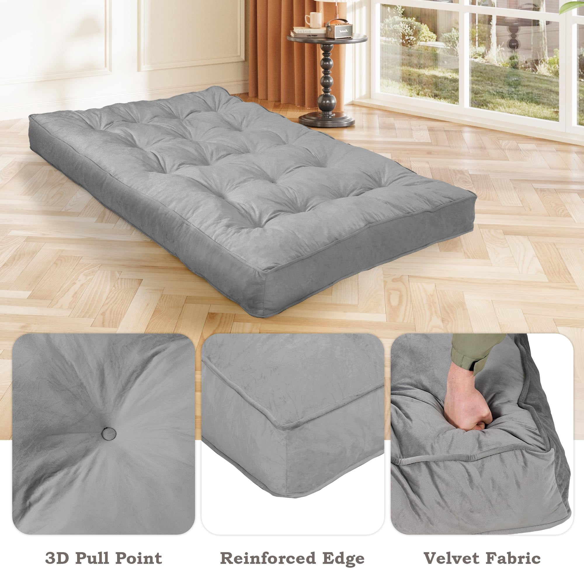 8-inch Futon Mattress Queen Size, Thick Futon Sofa Couch Bed Foldable Floor Sleeping Pad for Adults, Portable Floor Bed Mattress, Velvet Tatami Mat (Frame Not Included), Light Grey