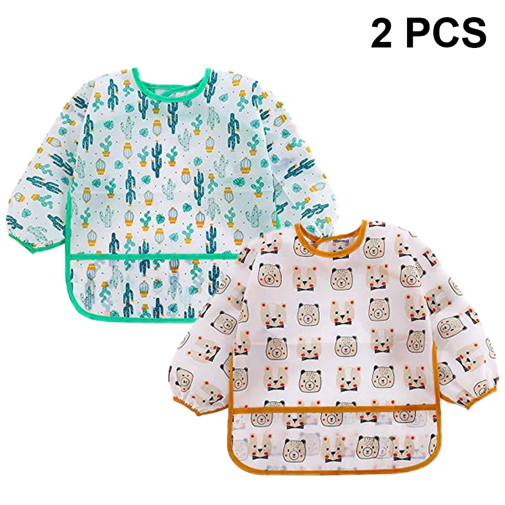 Baby Waterproof Bibs with Pocket Bundle Pack of 3 3 Pcs Long Sleeved Bib Set Stain and Odor Resistance Play Smock Apron 6-24 Months Toddler Bib with Sleeves and Crumb Catcher 
