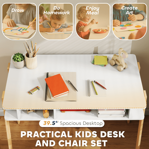 Kids Desk and Chair Set, MDF & Pine Wood, 4 Storage Compartments, Ergonomic Posture Support, 3-12 Years