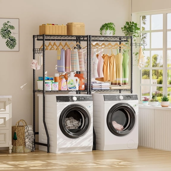 Over Washer and Dryer Shelves, 2 Tier Adjustable Height Wire Shelving Laundry Room Storage Organization Clothes Drying Rack with Hanger Rod&Hooks, Space Saving Organizers Shelf, Black