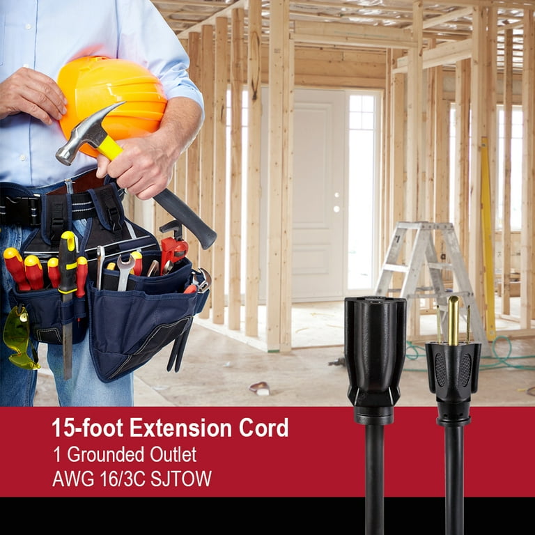 Hyper Tough 15FT 16/3 Outdoor Indoor Extension Cord with Grounded