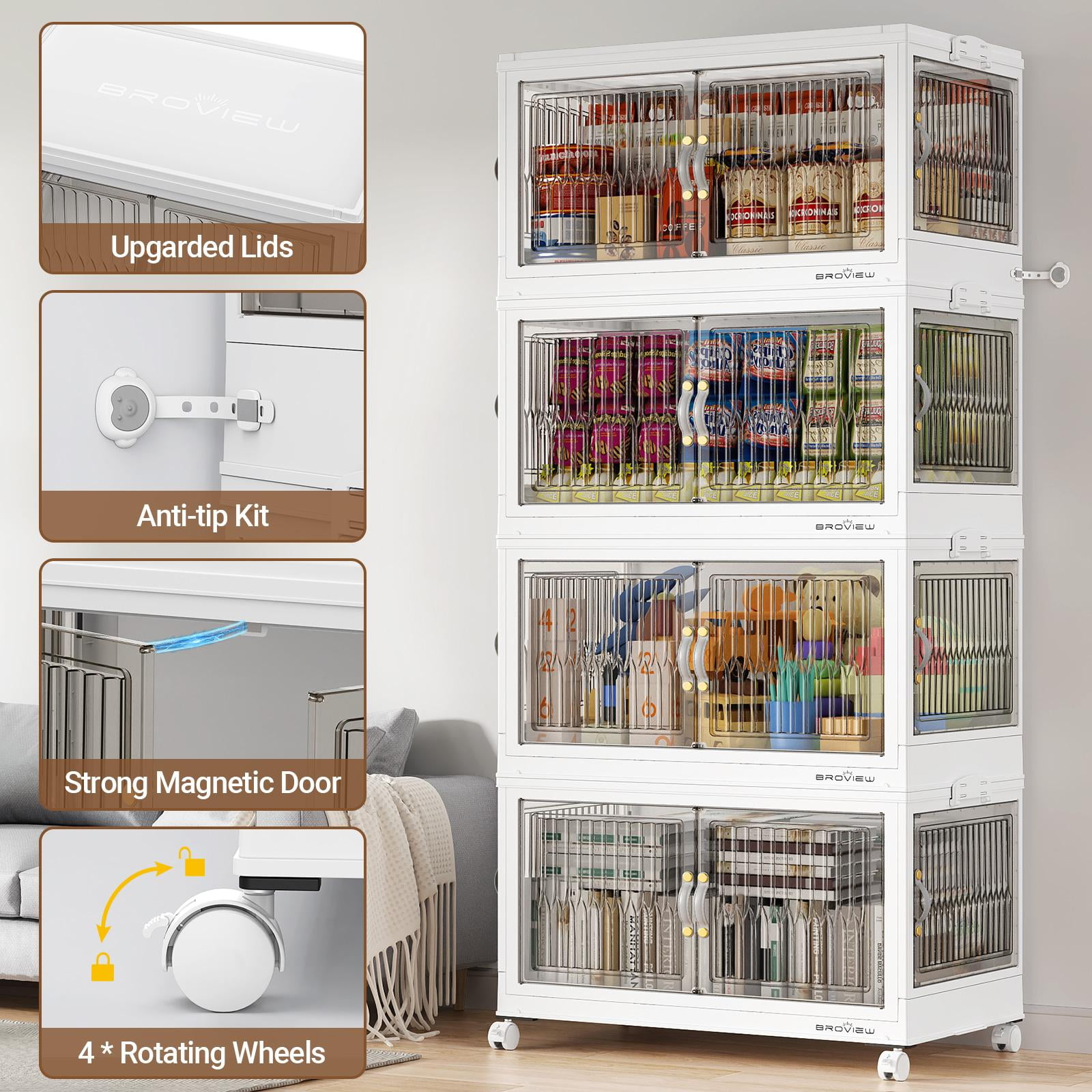 BROVIEW 360QT Large Stackable Storage Bins with Lids and Wheels, Plastic Closet Organizer and Storage Drawer, Collapsible Storage Cabinet with Doors for Home Kitchen, 3Pack White
