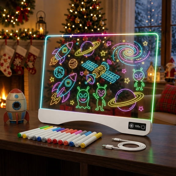 Rechargeable LED Drawing Board,LED Drawing Message Note Board,9 Color Changing Lights,Dry Erase Light Up Memo Board with 12 Color Pens for Home,Classroom & Office Decor (White)