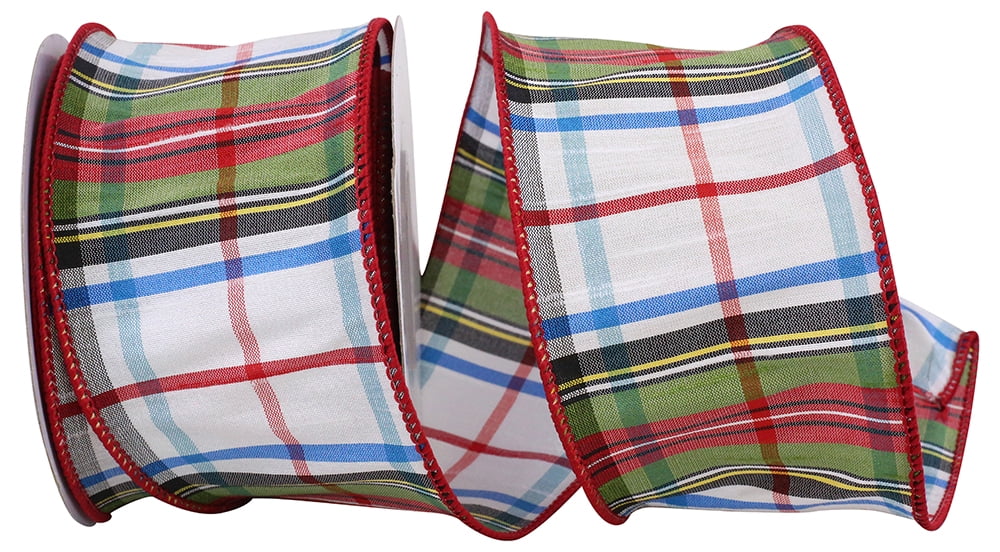 Orange, Rust, And Beige Plaid Faux Dupioni 2.5\" Wired Ribbon - Greenery...