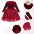 thumbnail image 3 of IDOPIP Toddler Kids Girls Shiny Velvet Dress Long Sleeve Fall Winter Christmas Dresses 120 Wine red, 3 of 7