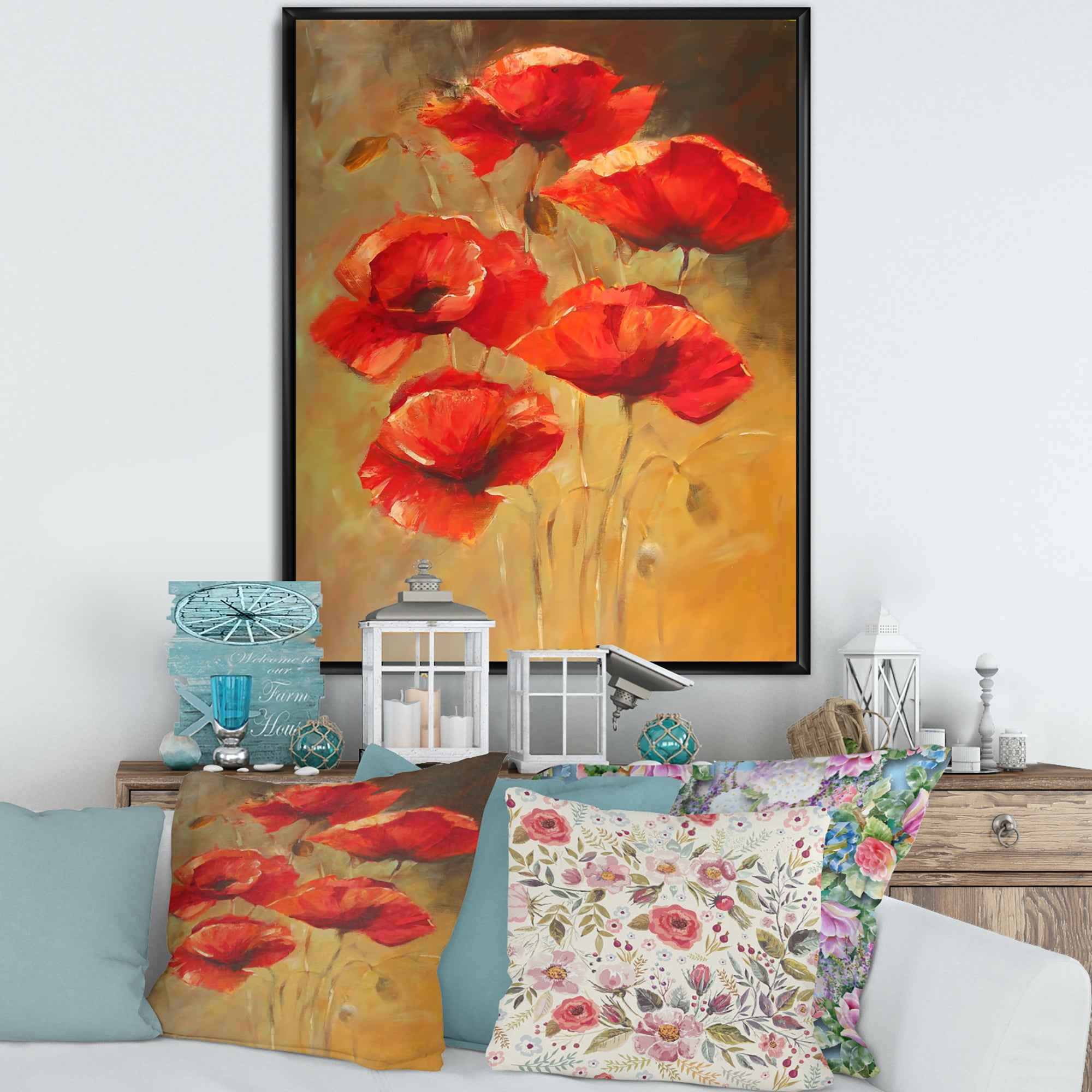 Designart 'Ancient Blooming Poppies II' Traditional Framed Canvas Wall Art Print