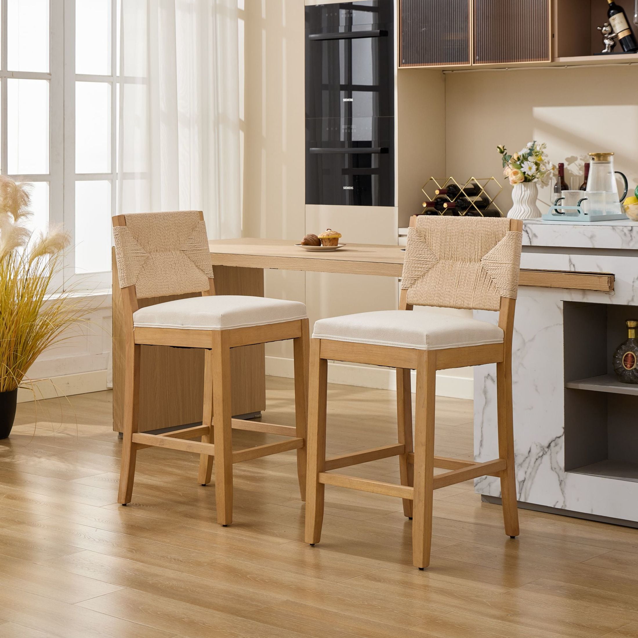 GDF Studio 38.6" Counter Height Bar Stools Set of 2 with Hand-Woven Rattan Back, Linen Upholstery, Beige