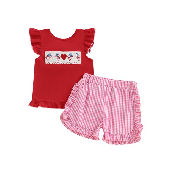 BemeyourBBs Toddler Baby Girl 4th of July Outfit Patriot Fourth of July Summer Independence Day Clothes American Flag Heart Embroidered Backless Flying Sleeve T shirt Tops Plaid Ruffle Shorts Set