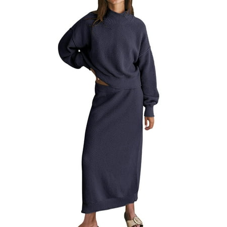 UJNDER Women 2 Piece Sweater Skirt Set Outfits Mock Neck Long Sleeve Sweater Knit Maxi Skirt Sets Comfortable Casual Outfits Dark Blue S