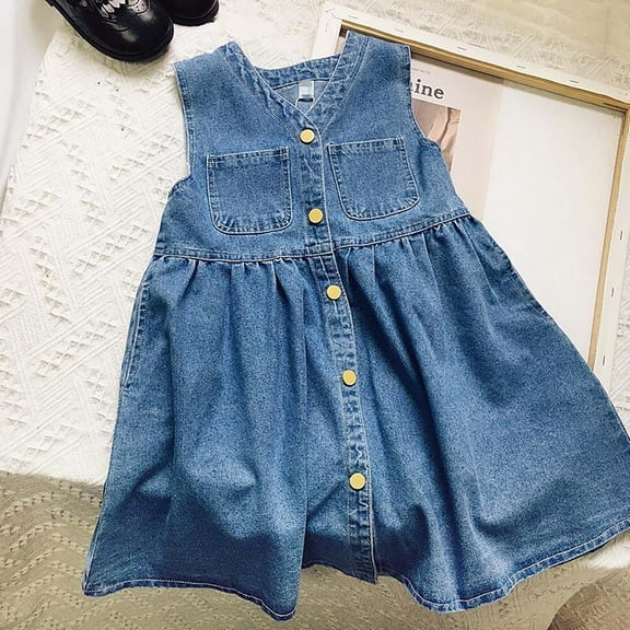 LIJCC Toddler Girls Sleeveless Denim Dress Sleeveless Strap Dress Summer Single-Breasted Sundress Button Down Pocket Fashion A Line Jean Dresses Casual Playwear Clothes