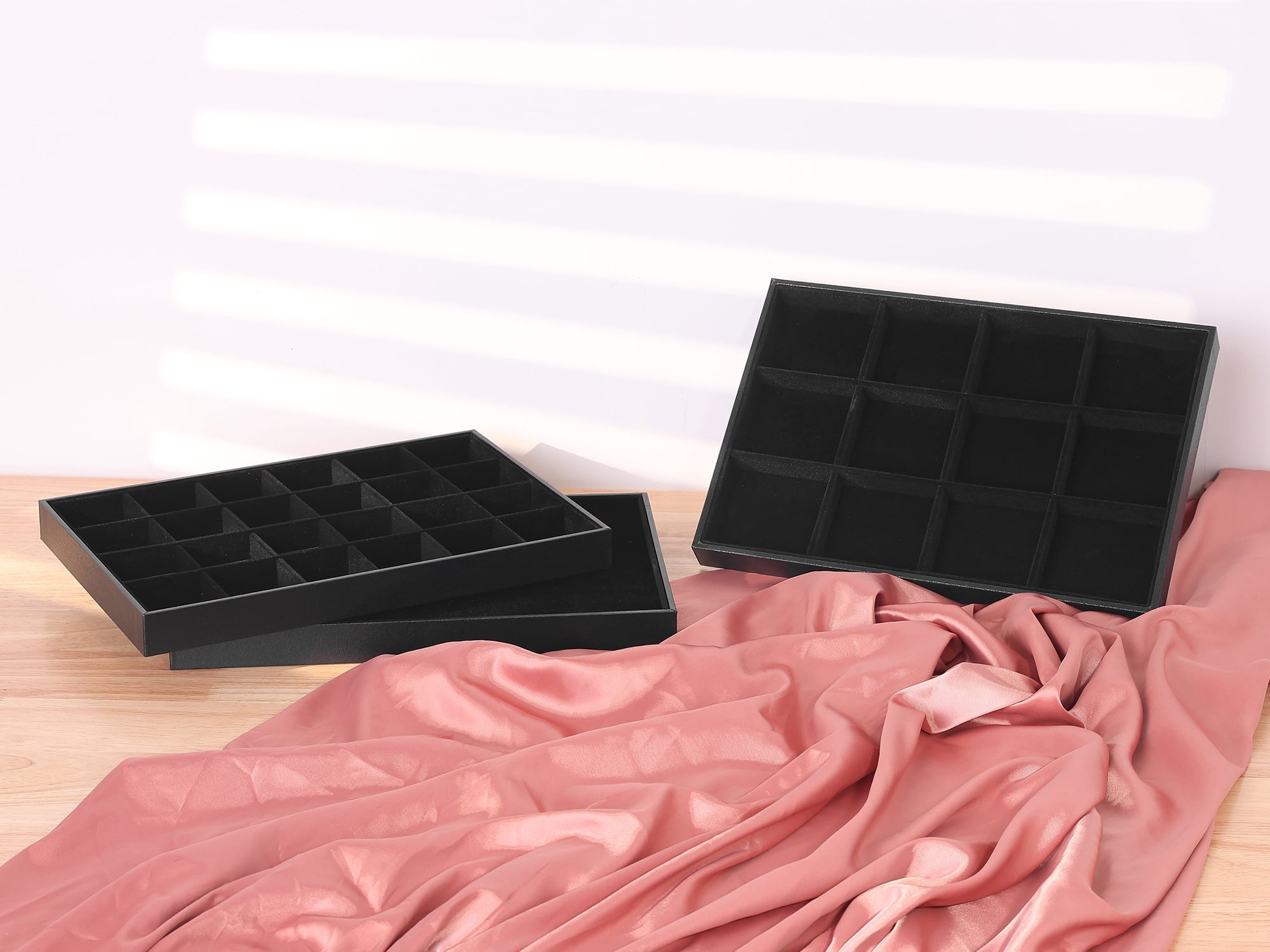 Unique Bargains Set of 2 Stackable Jewelry Boxes Organizer Trays with Removable Dividers Black Ring Tray