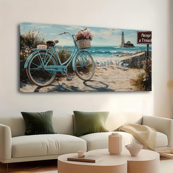 Coastal Bicycle with Flower Basket and Lighthouse Seascape Framed Canvas Wall Art 48x24 Inch Beach Cottage Decor for Living Room Bedroom Office