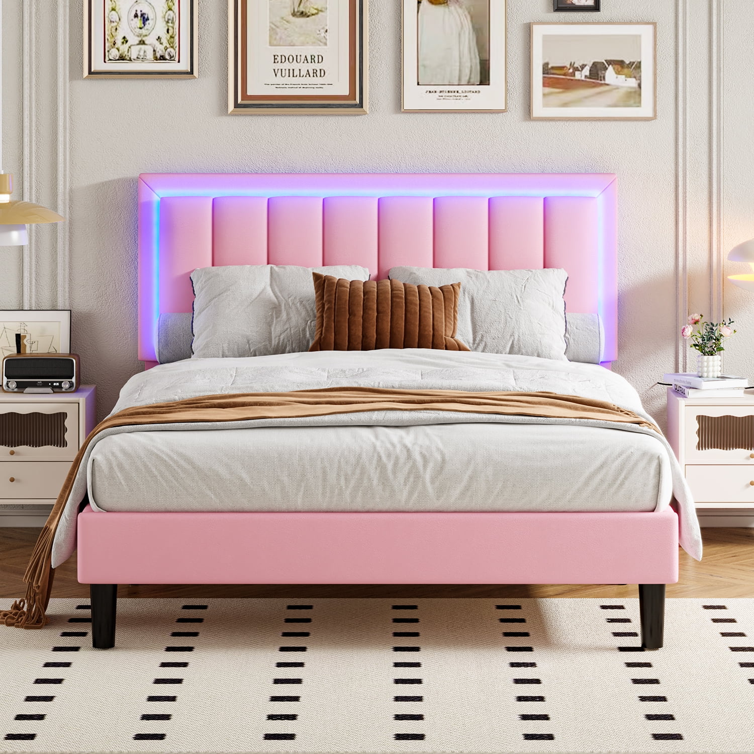 4 EVER WINNER Full Bed Frame with LED Light, Upholstered Platform Bed Frame with Headboard, Pink