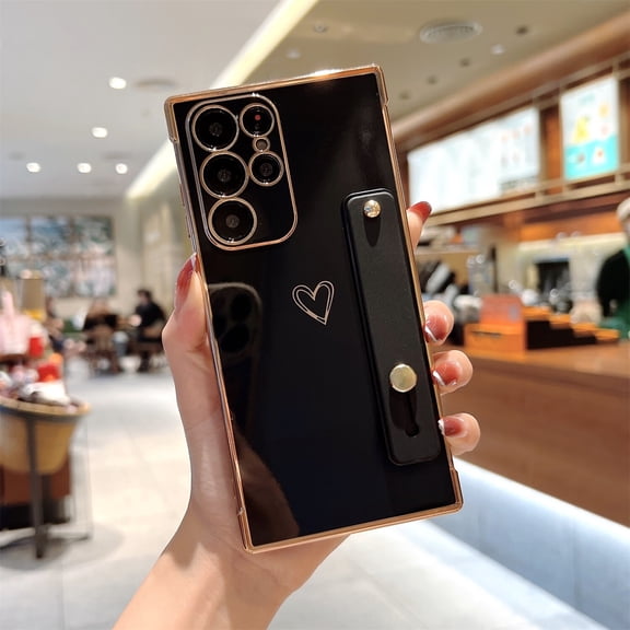 for Samsung Galaxy S23 Ultra Case, Love Pattern Flexible TPU Lens Protection Cover Support Sliding Wrist Strap & Kickstand Shockproof Protective Shell for Girls Ladies Women, Black