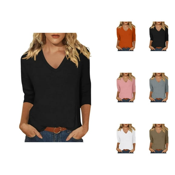 3/4 Sleeve Shirts for Women 2025 Fall Casual Solid Color V Neck Loose Fit Plain Basic Tshirt Womens T Shirts