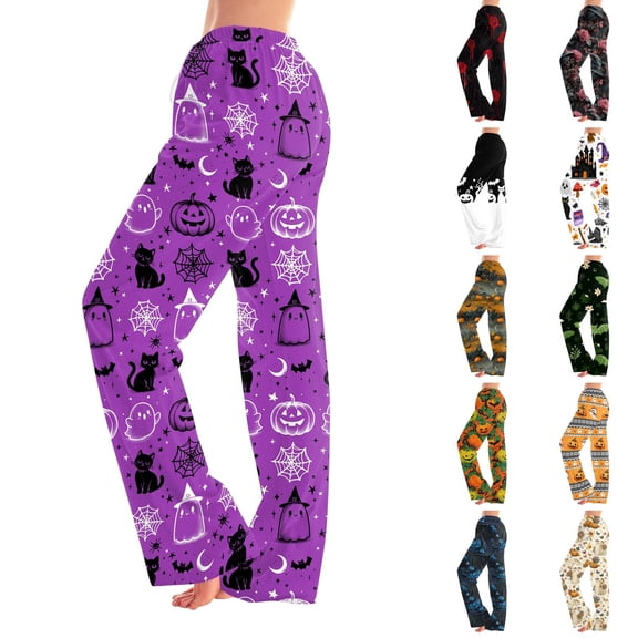 Kintue Halloween Pajama Pants for Women, Funny Pumpkin Ghost Print Trousers, Soft Wide Leg Palazzo Pants, Fall Loungewear