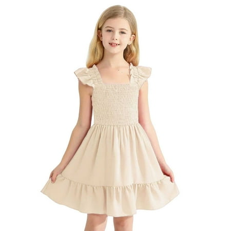 AINIYS Girls Short Sleeve Flared A-Line Dress With Crew Neck And Hidden Back Zipper Lightweight Fabric For Party And Tea Party Beige 4-5Years