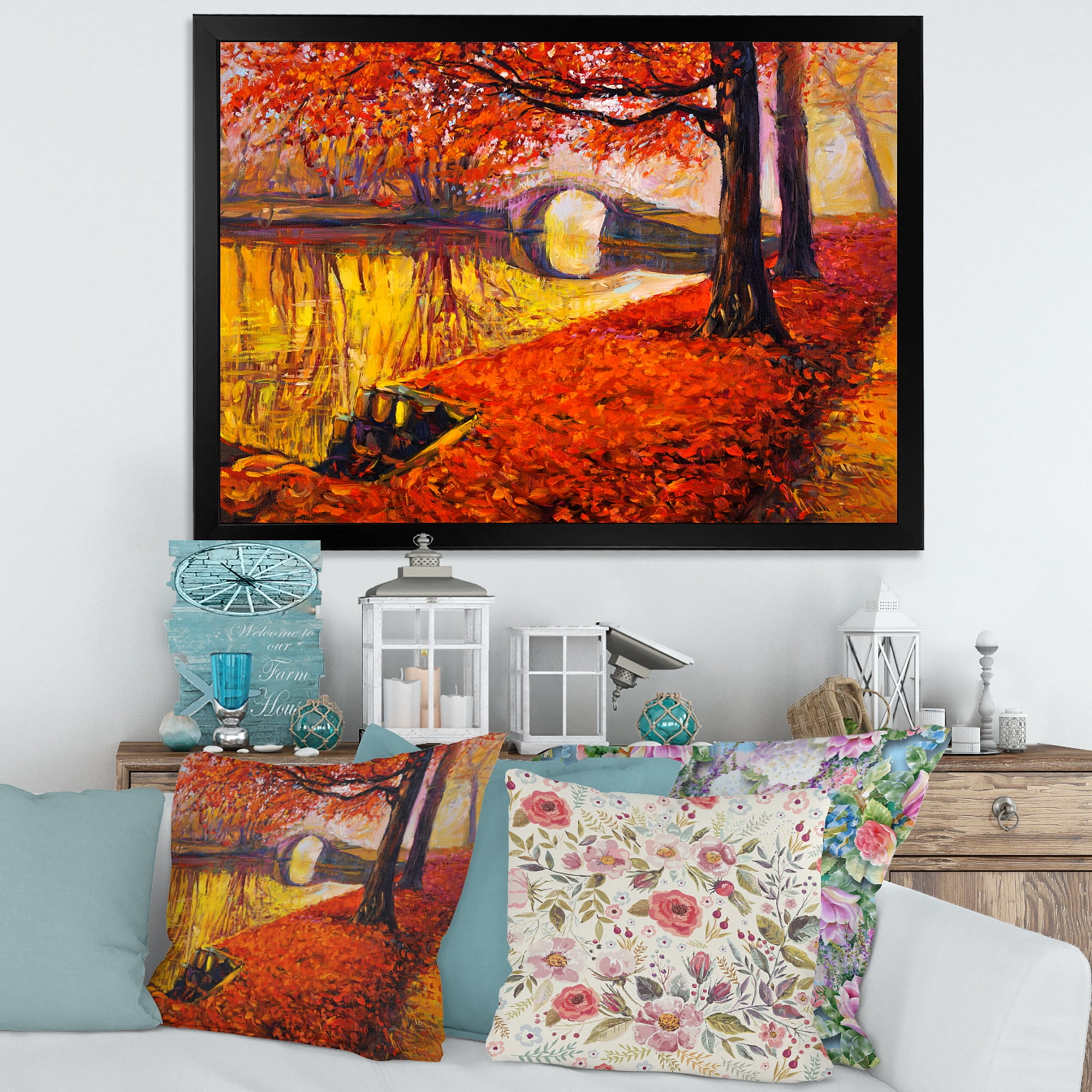 Designart 'Little Bridge In Deep Orange Autumn Landscape I' Traditional Framed Art Print
