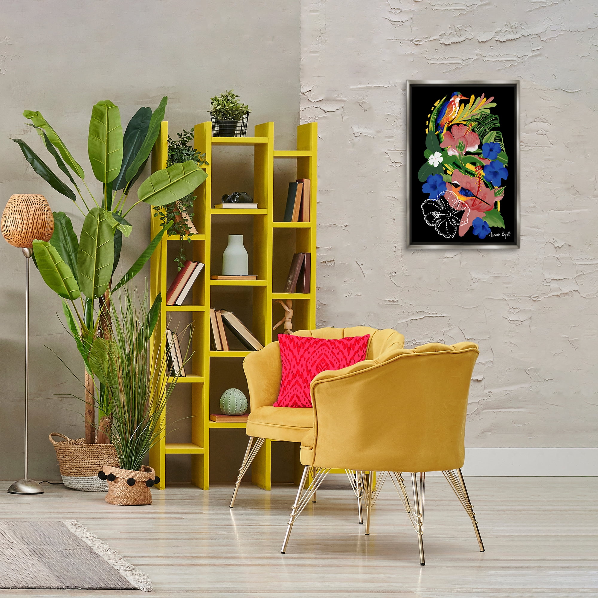 Stupell Industries Tropical Gambia Style Florals Animals Painting Gray Floater Framed Canvas Art Print Wall Art, 17 x 25